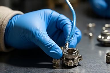 A technician's hands carefully polishing a small metal part