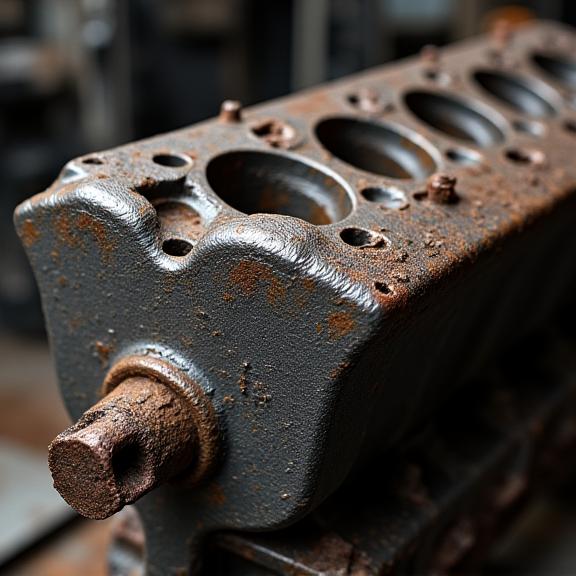 A greasy and rusted vintage engine block