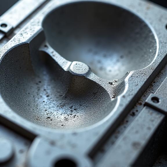 An injection mold with visible surface wear and residue